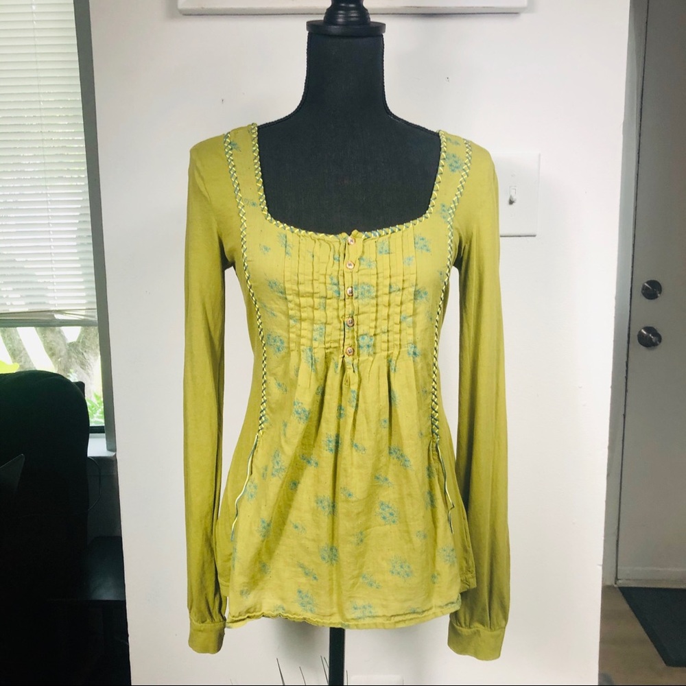 Free People Olive Green Floral Pintuck Peasant Blouse